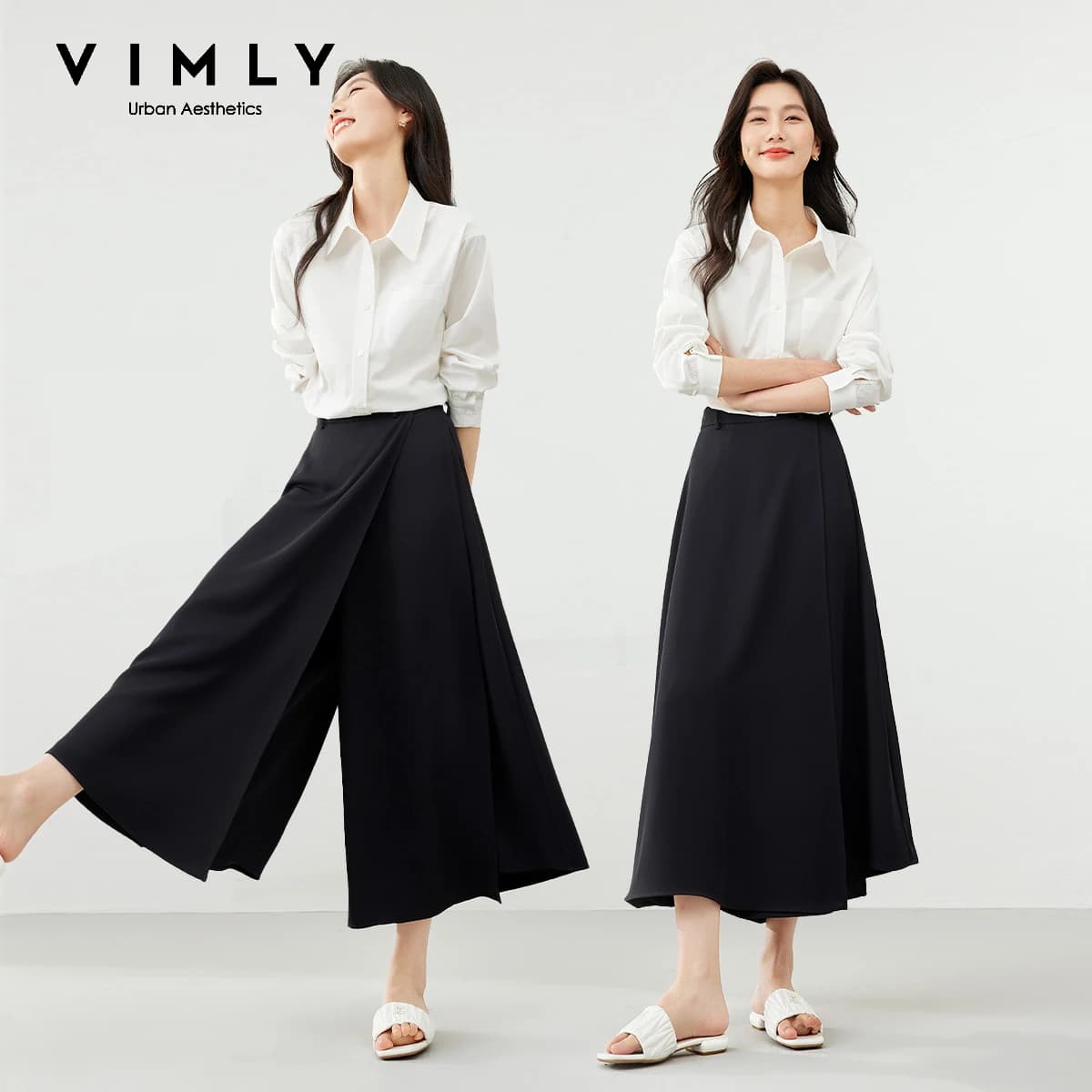 VIMLY Black Wide-Leg Pants 2026 Autumn Flowy Ankle-Length Side Zipper Detail Trousers Office Lady Commuter Fashion Bottoms A1738