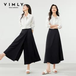 VIMLY Black Wide-Leg Pants 2026 Autumn Flowy Ankle-Length Side Zipper Detail Trousers Office Lady Commuter Fashion Bottoms A1738