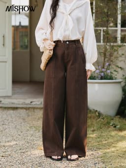 MISHOW Women's High Waist Straight Pants 2026 Spring 100 Cotton Seam Detail Trousers Casual Loose Wide Leg Pants MXF14K1208