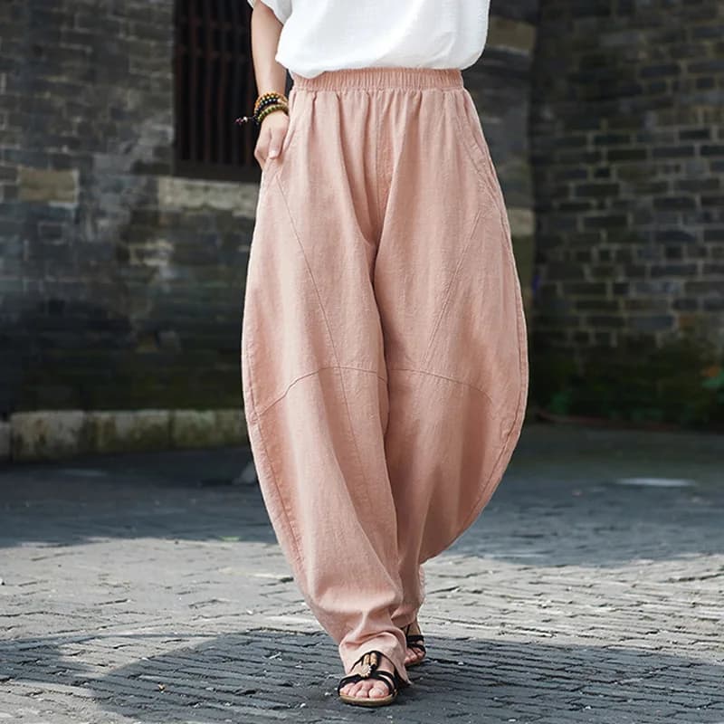Johnature Women Cotton Linen Harem Pants Loose Trouser 2025 Autumn New Elastic Waist Solid Color Pockets Patchwork Women Pants