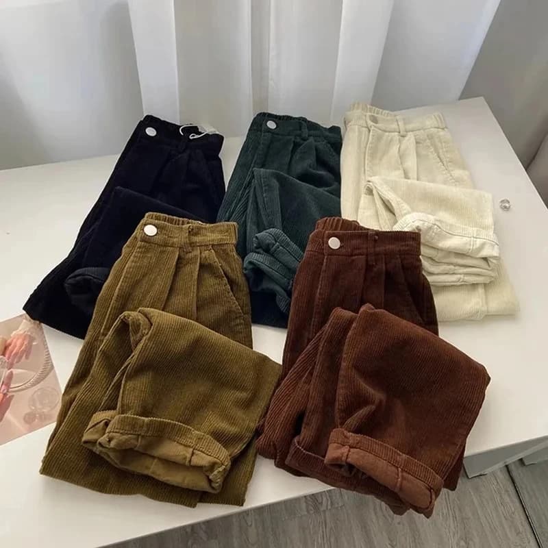 Women Korean Fashion Spring Fall Retro Straight High Waist Corduroy Pants Causal Full Length Trousers All Match Office Lady Pant
