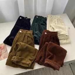 Women Korean Fashion Spring Fall Retro Straight High Waist Corduroy Pants Causal Full Length Trousers All Match Office Lady Pant