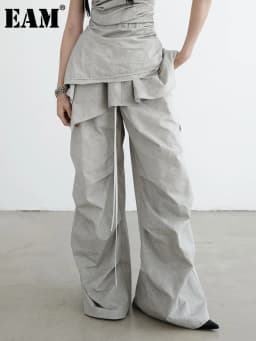 [EAM] High Waist Gray Drawstring Ruffles Pleated Long Wide Leg Pants New Trousers Women Fashion Tide Spring Autumn 2026 1DH6257