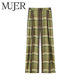 MUJER Plaid Baggy Pants Woman Casual Wide Leg Pants for Women Mid Waist Oversize Women's Pants Vintage Pleated Trousers Womens