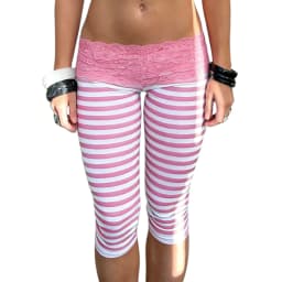 Women Striped Lace Waistband Capri Leggings Low Rise Fold Over Lace Trim 3/4 Length Skinny Pants Y2K Aesthetic Casual Streetwear
