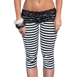 Women Striped Lace Waistband Capri Leggings Low Rise Fold Over Lace Trim 3/4 Length Skinny Pants Y2K Aesthetic Casual Streetwear