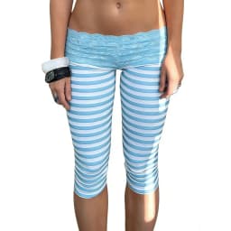 Women Striped Lace Waistband Capri Leggings Low Rise Fold Over Lace Trim 3/4 Length Skinny Pants Y2K Aesthetic Casual Streetwear