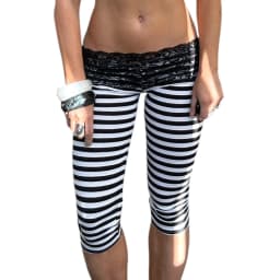 Women Striped Lace Waistband Capri Leggings Low Rise Fold Over Lace Trim 3/4 Length Skinny Pants Y2K Aesthetic Casual Streetwear