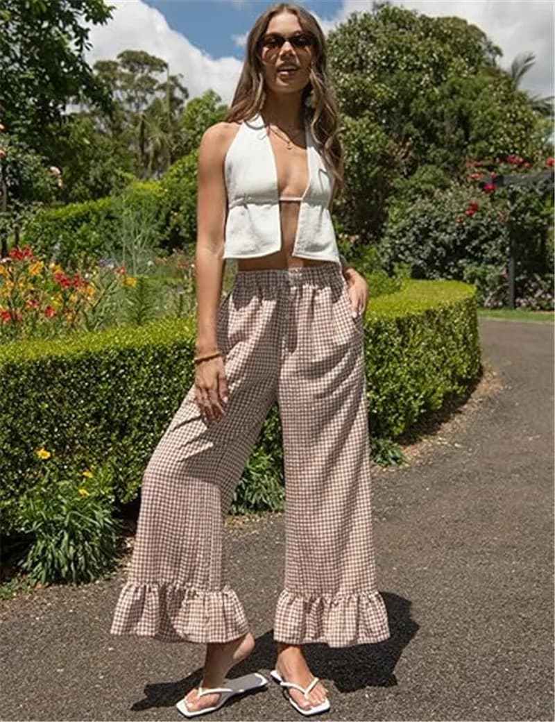 Women Wide Leg Pants Elastic Waist Ruffle Long Trousers casual Hem Plaid Print Pants