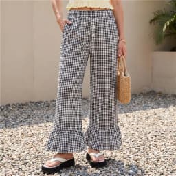 Women Wide Leg Pants Elastic Waist Ruffle Long Trousers casual Hem Plaid Print Pants