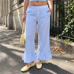 Women Wide Leg Pants Elastic Waist Ruffle Long Trousers casual Hem Plaid Print Pants