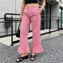 Women Wide Leg Pants Elastic Waist Ruffle Long Trousers casual Hem Plaid Print Pants