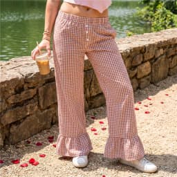 Women Wide Leg Pants Elastic Waist Ruffle Long Trousers casual Hem Plaid Print Pants