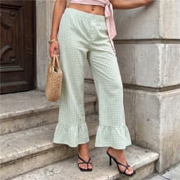 Women Wide Leg Pants Elastic Waist Ruffle Long Trousers casual Hem Plaid Print Pants