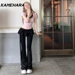 KAMEHARA Japanese Soft Girl Cake Fake Two Piece Skirt Pant Female Harajuku Style Y2k Sexy Slim Fit Slightly Flared Wide Leg Pant