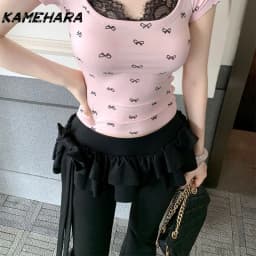 KAMEHARA Japanese Soft Girl Cake Fake Two Piece Skirt Pant Female Harajuku Style Y2k Sexy Slim Fit Slightly Flared Wide Leg Pant