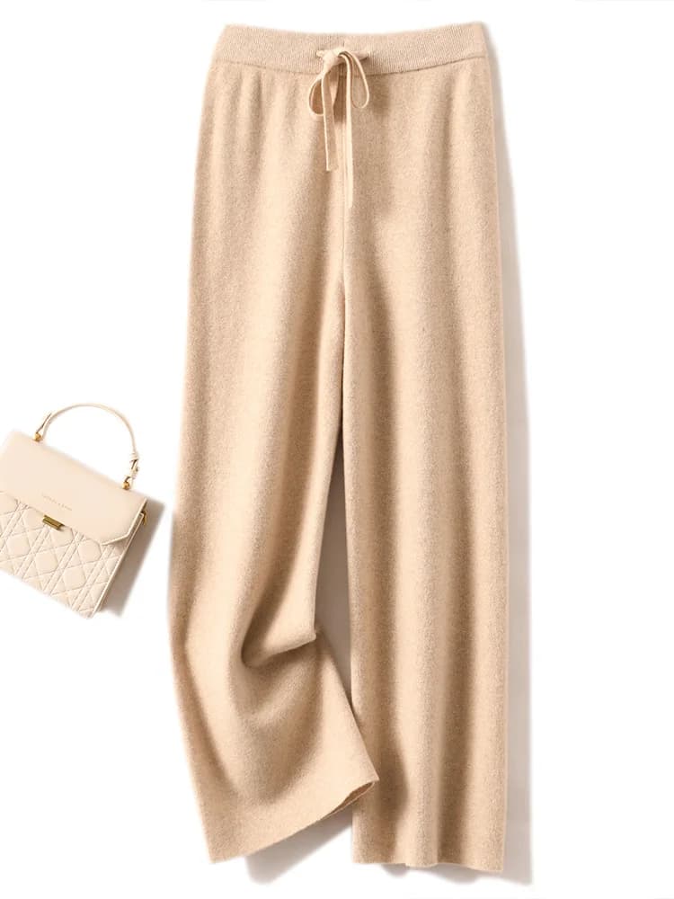 Autumn Winter Women's Pants Basic Soft Casual Sashes Trousers 100% Merino Wool Knitwear Korean Popular Pants