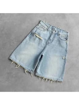 HOUZHOU Washed Ripped Short Jeans Women and Man Hole Embroidery Wide Leg American Retro Jorts Baggy Casual Streetwear Summer