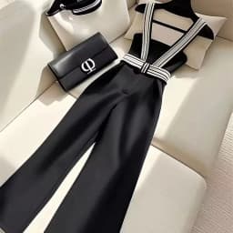 Small Fragrance Black Pants Women Luxury Design High Waist Strap Pant Spring Summer Fashion Female High End Wide-leg Pants
