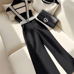 Small Fragrance Black Pants Women Luxury Design High Waist Strap Pant Spring Summer Fashion Female High End Wide-leg Pants