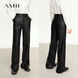 AMII Minimalist PU Leather Casual Pants for Women 2026 Autumn New Loose Floor Length Straight Slit Female Trousers 12343250