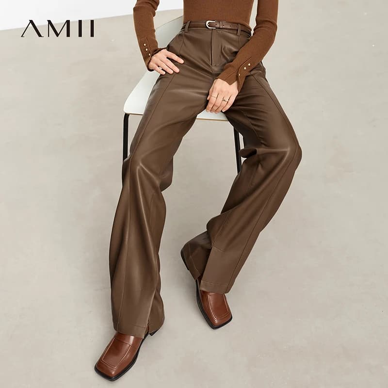 AMII Minimalist PU Leather Casual Pants for Women 2026 Autumn New Loose Floor Length Straight Slit Female Trousers 12343250