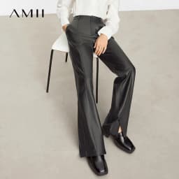 AMII Minimalist PU Leather Casual Pants for Women 2026 Autumn New Loose Floor Length Straight Slit Female Trousers 12343250