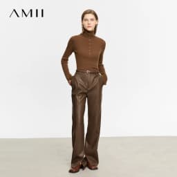 AMII Minimalist PU Leather Casual Pants for Women 2026 Autumn New Loose Floor Length Straight Slit Female Trousers 12343250