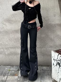 Retro New Pure Black Rivet Design Belt Decorative Slim Pants for Women Y2K Harajuku Goth Low-Waisted Flared Pants