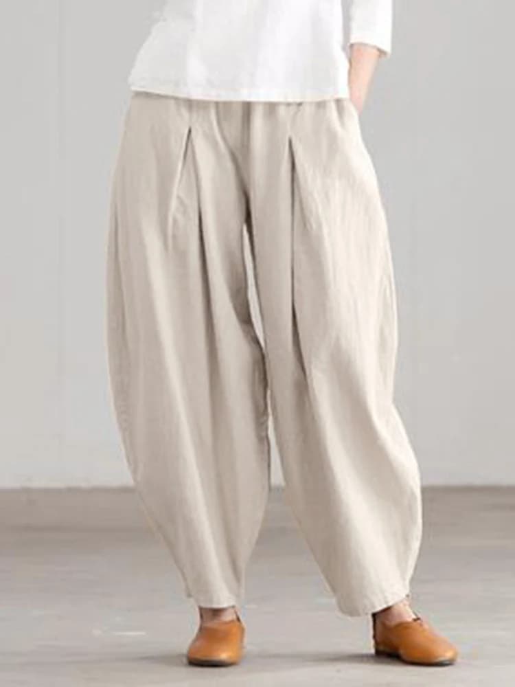 ZANZEA Summer Elastic Waist Solid Trousers Women Casual Baggy Pants Elegant Loose Wide Leg Pantalon Vintage Cotton Turnip 2024