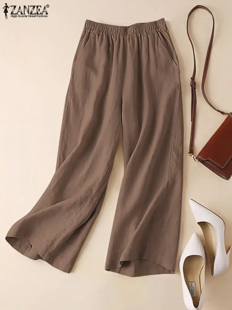 ZANZEA-Summer Women Pants Cotton Linen Elastic Waist Wide-Leg Trousers Casual Lightweight Solid Palazzo Pantalones Woman Bottoms