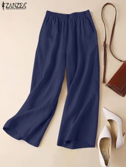 ZANZEA-Summer Women Pants Cotton Linen Elastic Waist Wide-Leg Trousers Casual Lightweight Solid Palazzo Pantalones Woman Bottoms