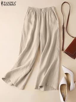 ZANZEA-Summer Women Pants Cotton Linen Elastic Waist Wide-Leg Trousers Casual Lightweight Solid Palazzo Pantalones Woman Bottoms