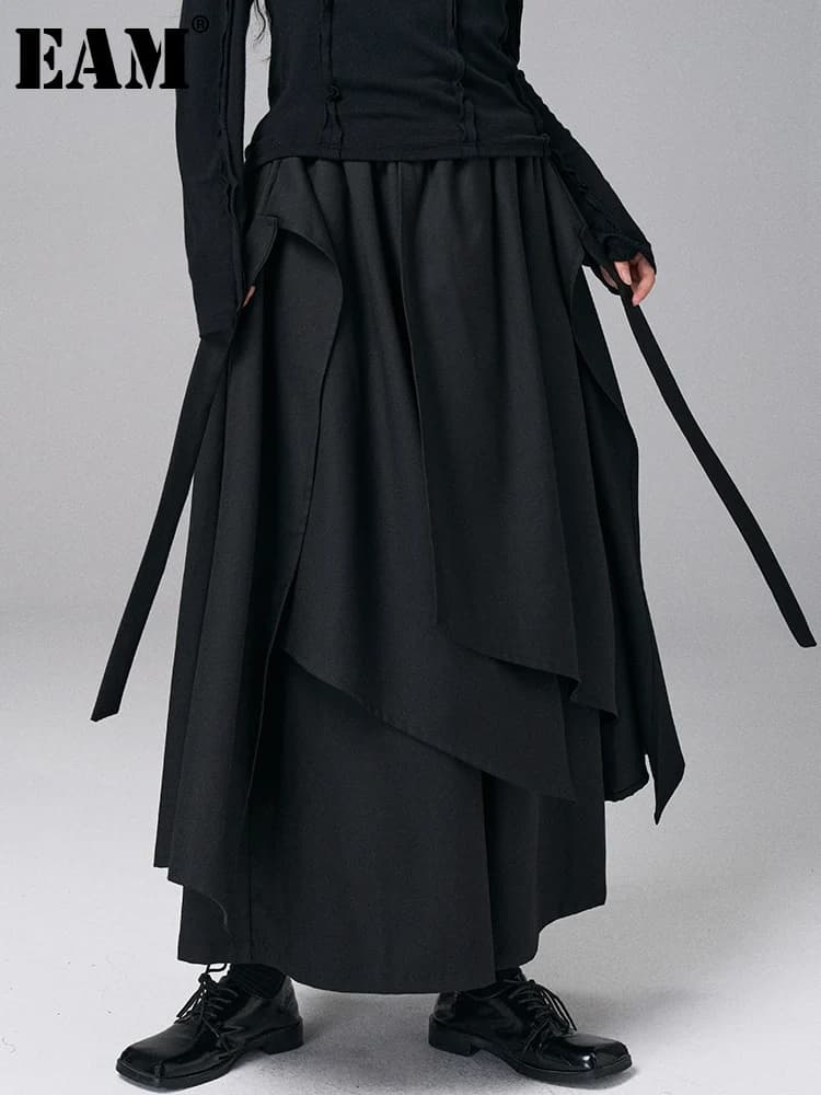 [EAM] High Elastic Waist Black Bandage 2 Layers Wide Leg Pants New Trousers Women Fashion Tide Spring Autumn 2026 1DJ0396