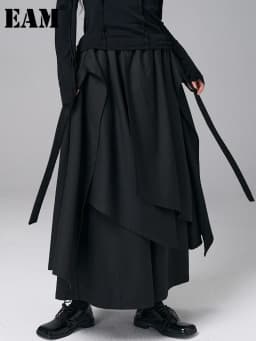 [EAM] High Elastic Waist Black Bandage 2 Layers Wide Leg Pants New Trousers Women Fashion Tide Spring Autumn 2026 1DJ0396