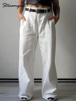 Summer White Pants For Women Cotton Formal High Waist Wide Leg Trousers Ladies Elegant Summer Women's Pants Straight Leg Office