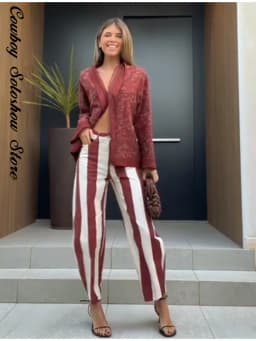 Vintage Stripe Women's Pants Casual Y2k Red Loose Sickle‑shaped Trousers Lady New Street Spring Summer Clothing 2026