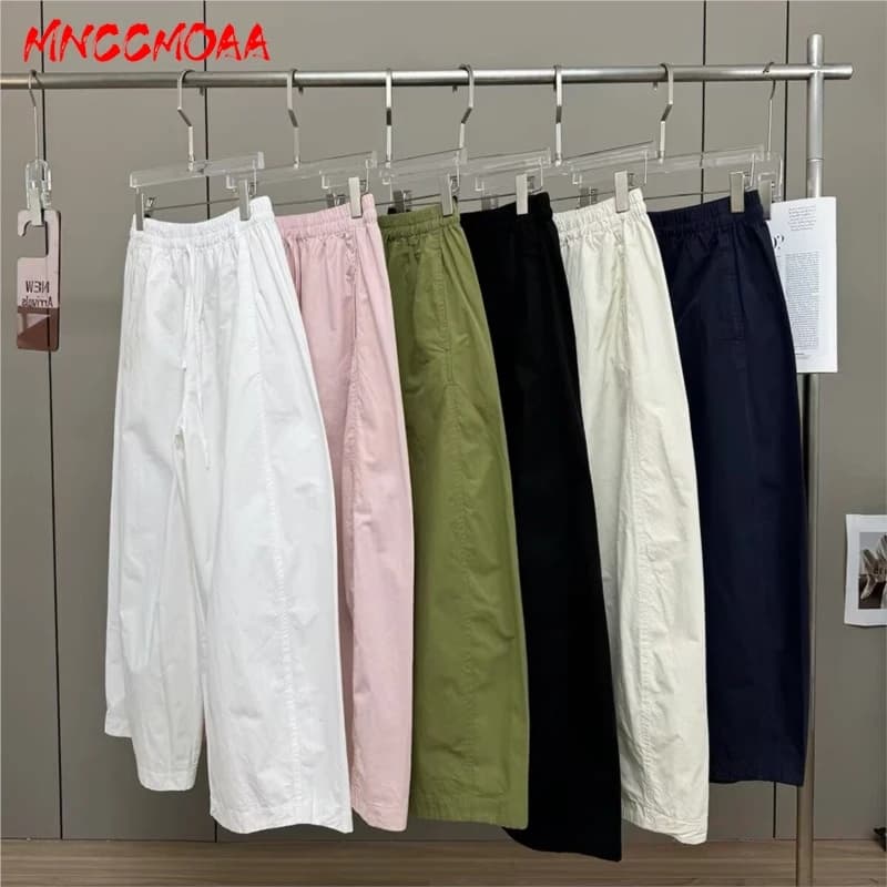 Women's White Elastic Waist Wide Leg Pants Summer Female Casual Loose Trousers