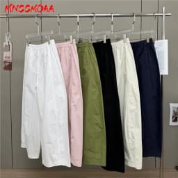 Women's White Elastic Waist Wide Leg Pants Summer Female Casual Loose Trousers