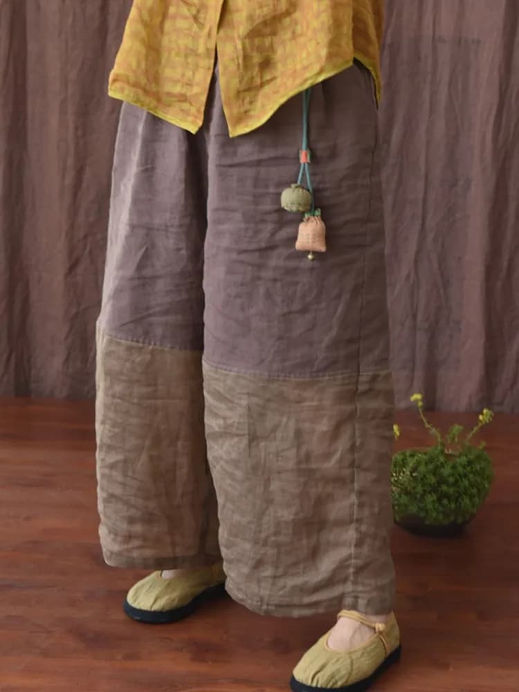 Johnature Women Linen Patchwork Color Wide Leg Pants Elastic Waist 2025 Summer New Original Loose Women Long Pants