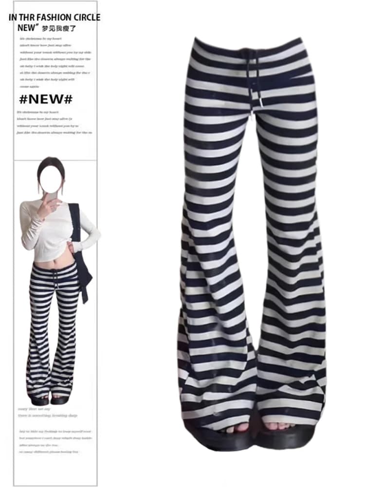 Women Low Waisted Striped Long Trousers Flare Pants Y2K Streetwear Japanese Harajuku 2000s Korean Fashion Pantalones High Street