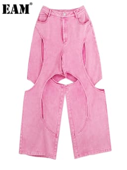 [EAM] High Waist pink Color Hollow Out Wide Leg Pants New Loose Fit Trousers Women Fashion Tide Spring Autumn 2026 1DH2146