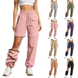 Women Elastic Waist Drawstring Zip Off Pants With Pockets Convertible Quick Dry Detachable Hiking Trousers Athletic Cargo Pants