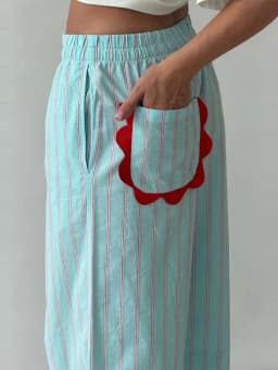 Striped Patchwork Scalloped Trim Trousers Women Street Elastic Waist Pocket Panelled Loose Wide Leg Pants Chic Ladies Partywear