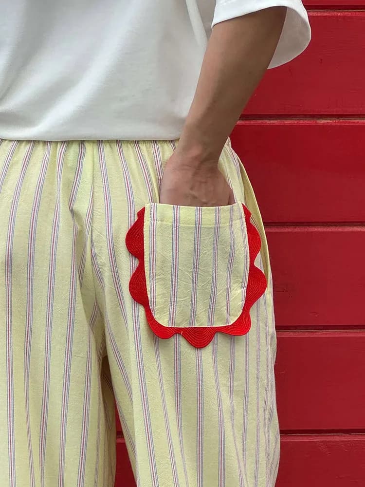 Striped Patchwork Scalloped Trim Trousers Women Street Elastic Waist Pocket Panelled Loose Wide Leg Pants Chic Ladies Partywear