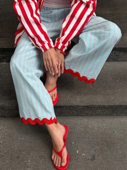Striped Patchwork Scalloped Trim Trousers Women Street Elastic Waist Pocket Panelled Loose Wide Leg Pants Chic Ladies Partywear