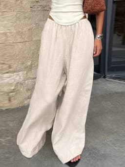 Cotton Linen Loose Women's Pant Elastic Waist Pleated Casual Female Wide Leg Trousers 2025 Summer Solid Vacation Lady Pant
