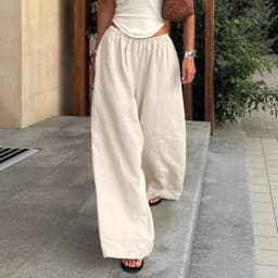 Cotton Linen Loose Women's Pant Elastic Waist Pleated Casual Female Wide Leg Trousers 2025 Summer Solid Vacation Lady Pant