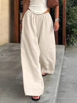 Cotton Linen Loose Women's Pant Elastic Waist Pleated Casual Female Wide Leg Trousers 2025 Summer Solid Vacation Lady Pant