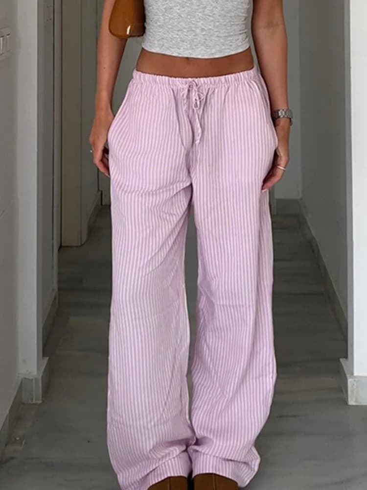 Streetwear Striped Print Loose Trousers Lace-up Joggers Fashion Y2K Baggy Pants Basic Aesthetic 90s Cute Bottoms